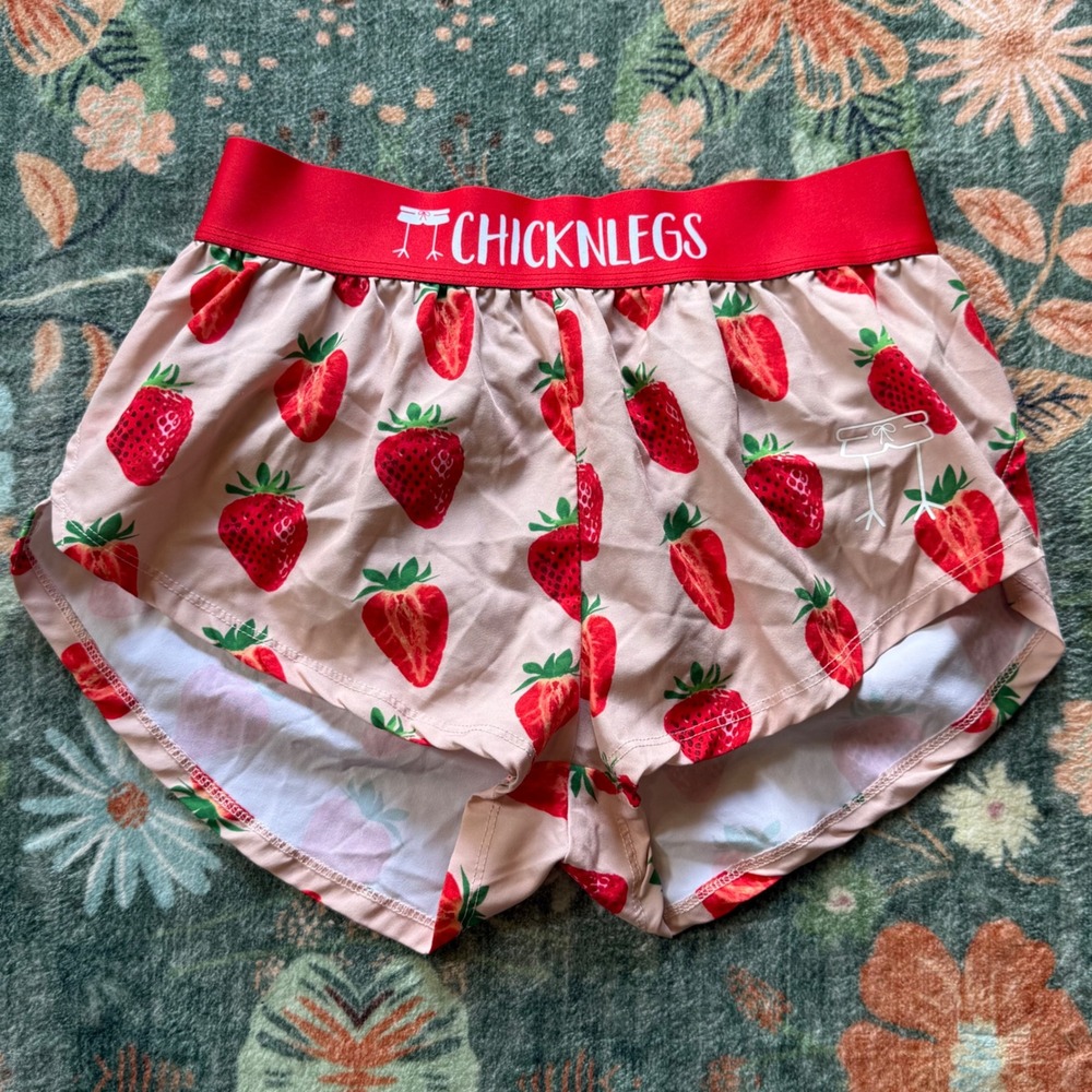 ChicknLegs Strawberry Print Running Shorts XS Red Pink Athletic Workout Zipper
